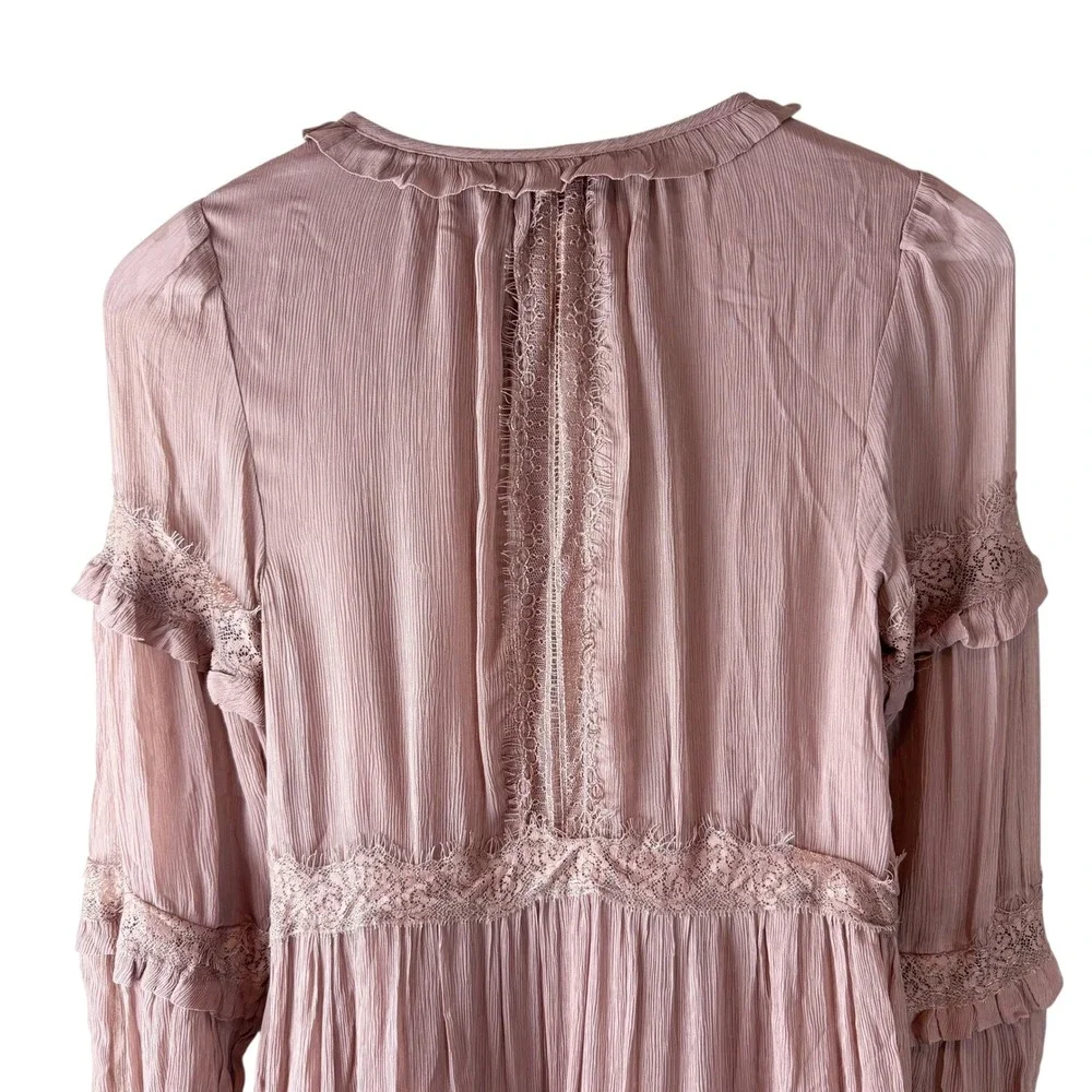 By Anthropologie Lace Pleated Mini Dress Long Sleeve Tiered Brown‎ Dress Sz XS